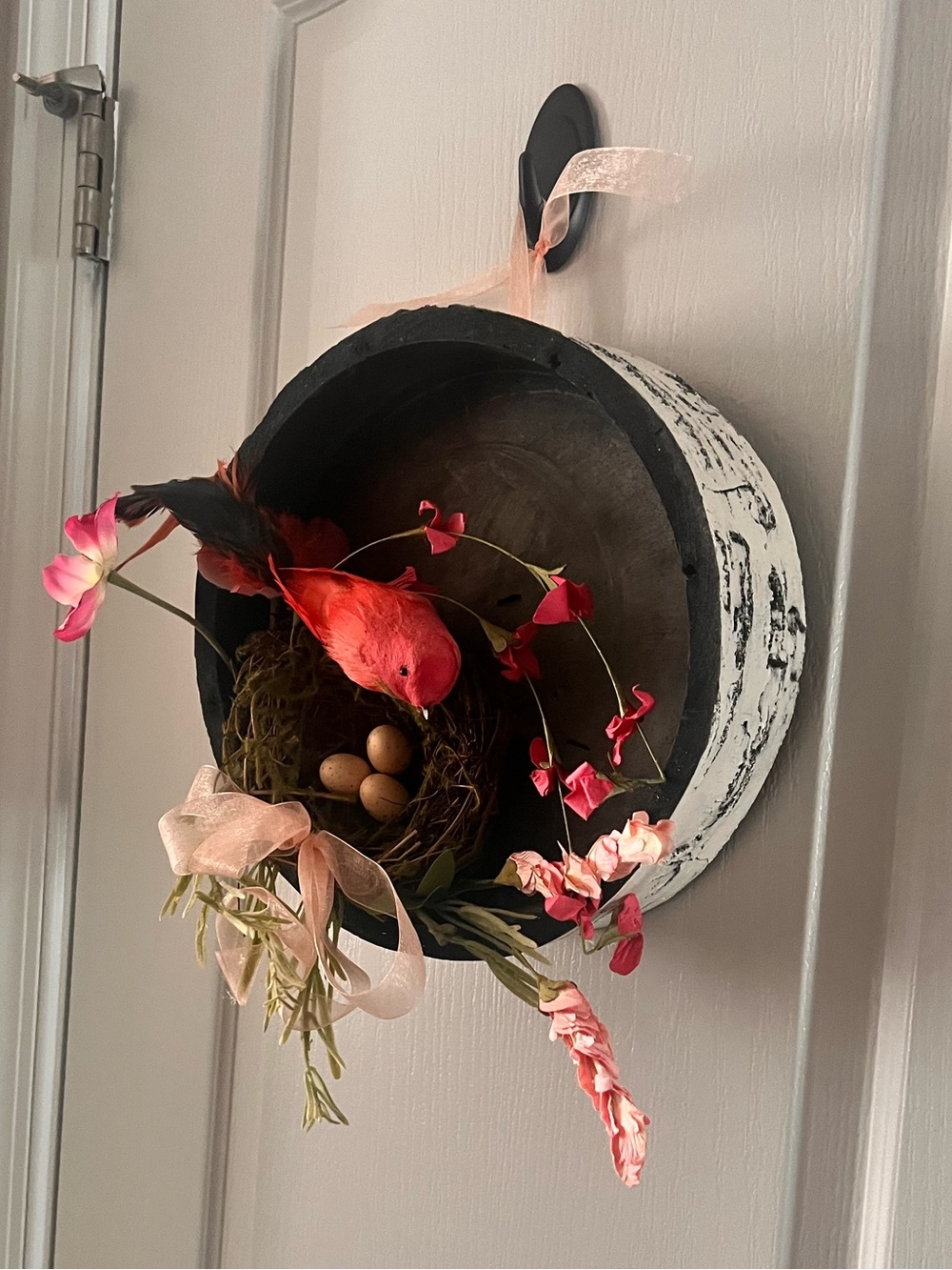 Decorative Hanging Bird Nest Accent in Pink and Black